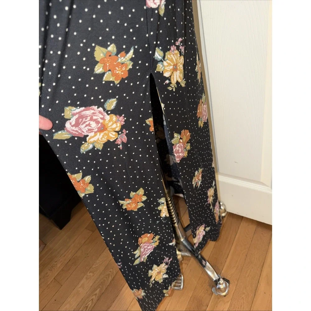 Free People Vintage Boho Black Floral Jersey Dress Slit Size L Large Maxi Halter